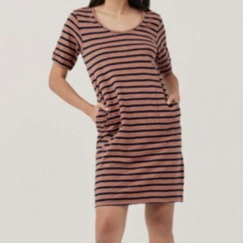 Pact Women's Size XL Harvest Striped Avery Blue Orange Cotton T-Shirt Dress